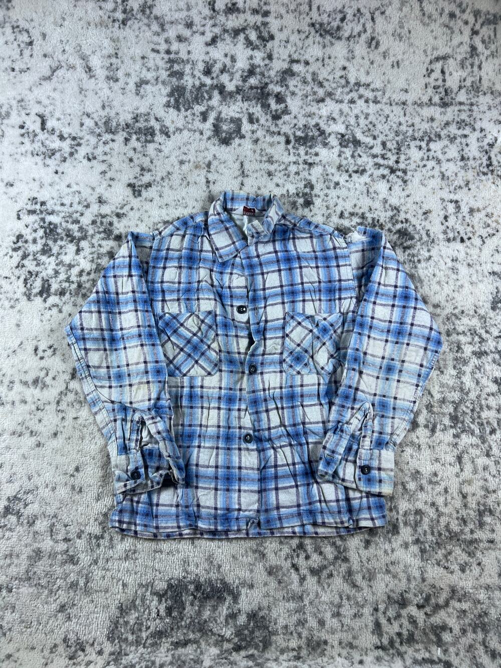 Vintage Penney's Sanforized Shadow Loop Flannel Shirt Boys 10 Blue White Plaid